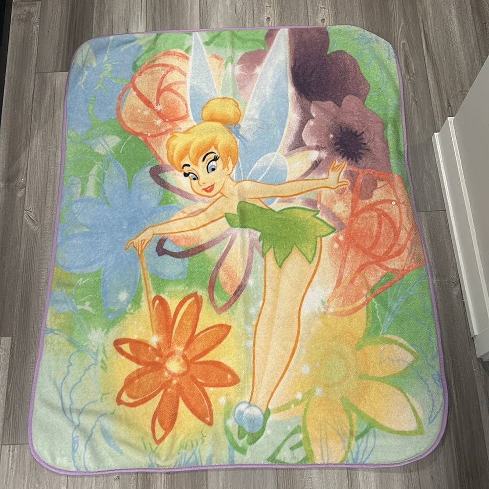 Disney Fairies Tinker Bell Plush Throw Blanket Floral Print 48x60